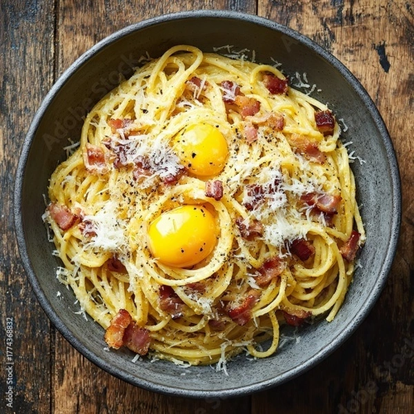 Fototapeta Creamy Spaghetti Carbonara, tossed in a large bowl, Generative AI.