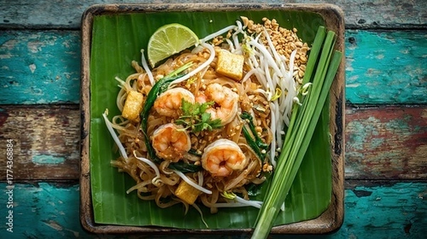 Fototapeta Authentic Pad Thai, stir-fried noodles with shrimp and tofu. Generative AI.