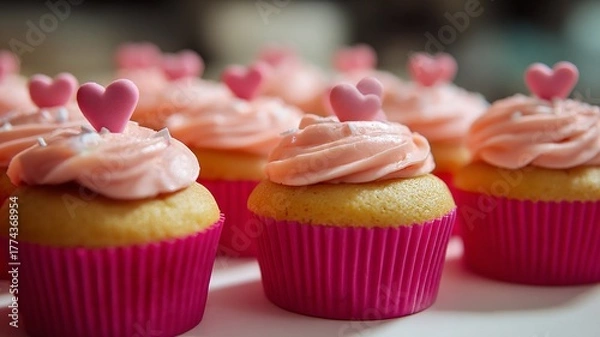 Fototapeta Cute Cupcakes with Pink Frosting and Heart Toppers for Sweet Dessert Background Design