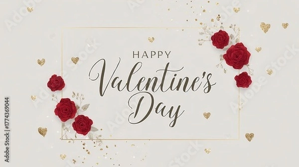 Fototapeta Happy Valentine’s Day Lettering with Scattered Red Roses and Decorative Border