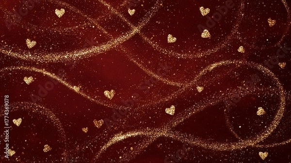 Fototapeta Luxury Golden Glitter Swirl on Crimson Red Background with Scattered Heart Accents
