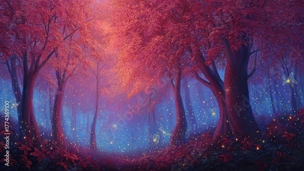 Fototapeta Enchanted Magical Forest at Twilight with Glowing Lights and Mystical Atmosphere