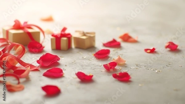 Fototapeta Romantic Light Surface with Scattered Red Rose Petals and Wrapped Gift Boxes in Soft Focus