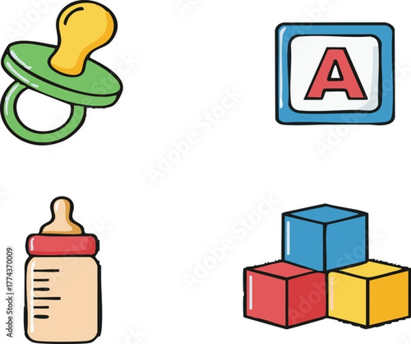 Obraz Baby items arranged on white surface represent childhood and innocence, evoking feelings of joy and tenderness.