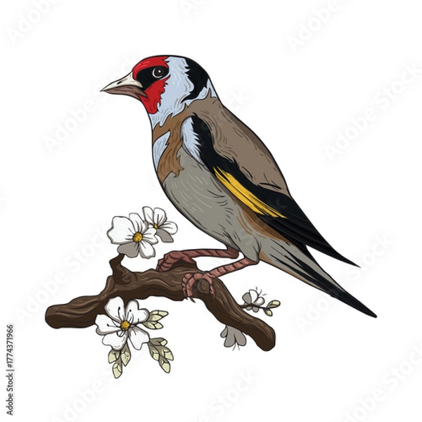 Fototapeta Vector Illustration of a European Goldfinch Bird on a Flowering Branch