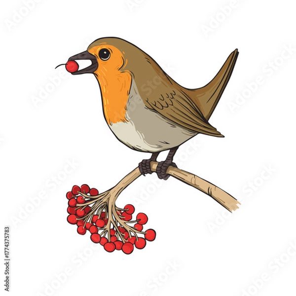 Fototapeta Cute Vector Robin Bird with Red Breast Eating a Holly Berry on a Branch