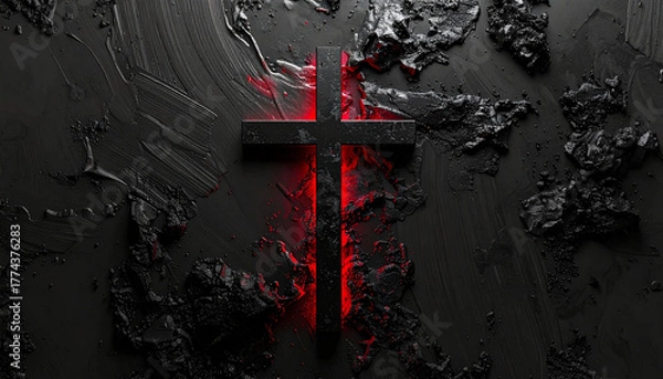 Obraz Dramatic cross with red glow on a dark, textured background