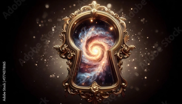 Obraz Galaxy in a Keyhole: An Ornate Glassmorphism Portal Framing Swirling Nebulae and Starfields with Gold Filament Details