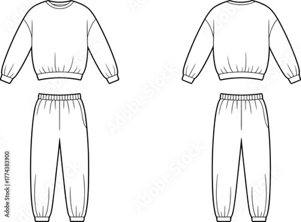 Fototapeta Technical sketch of sweatshirt and sweatpants, front and back view, fashion design template, casual wear illustration, garment vector drawing, clothing layout