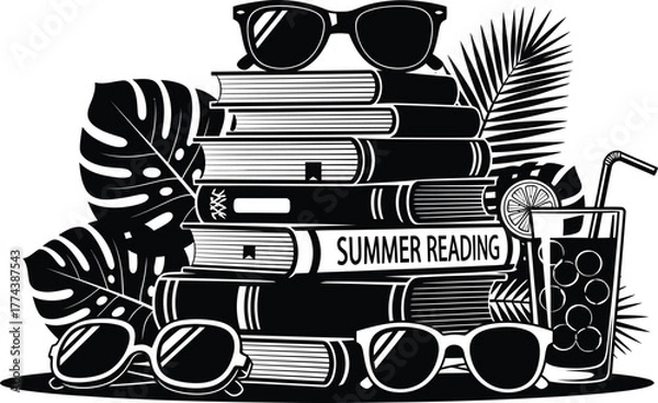 Obraz Stack of books with sunglasses and tropical leaves, representing summer reading