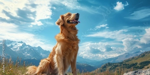 Fototapeta Happy portrait of a dog sitting, with mountains and a blue sky in the background. The image conveys a sense of companionship, fitness, and outdoor adventures, perfect for pet care, Generative AI