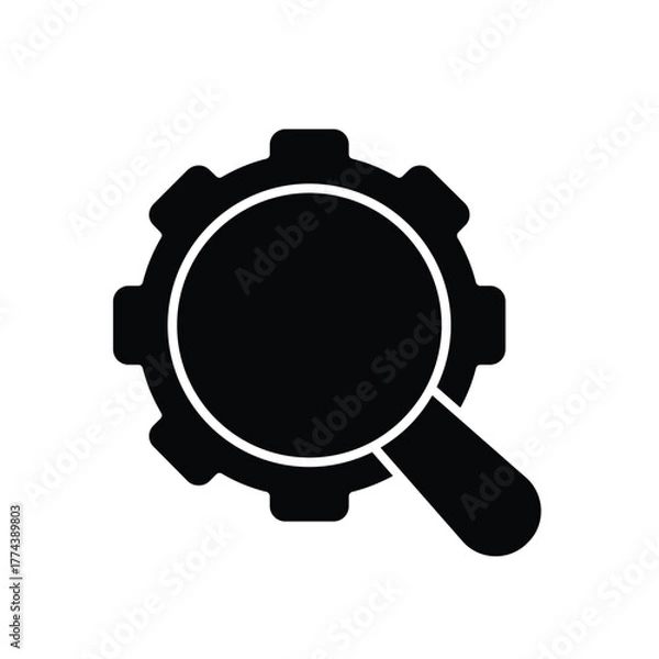 Fototapeta seo icon. management. magnifying glass with gear, on a white background. Automatic, optimization, ease. Flat design style