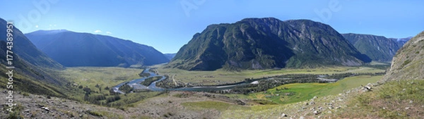 Fototapeta Panoramic view of the Karasu Gorge with the Chulyshman River flowing through it. Altai, Russia
