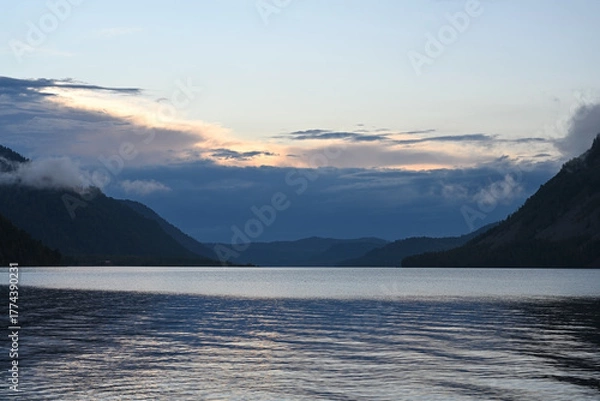 Fototapeta Lake Teletskoye at sunset in Altay, Russia