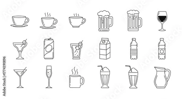 Fototapeta Line art illustration of various drinks, including coffee, beer, juice, and cocktails.