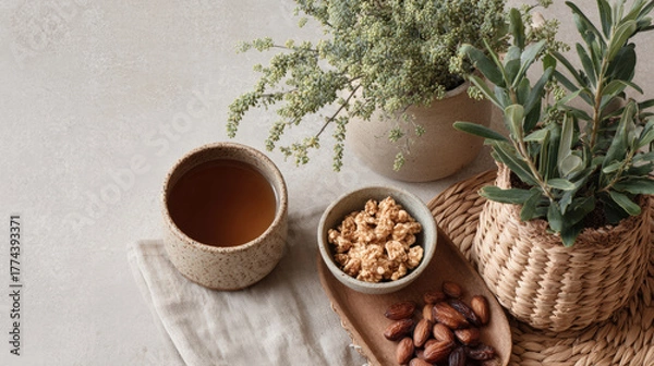 Fototapeta Eco friendly lifestyle flatlay featuring herbal tea, popcorn, dates, and potted plants, creating serene atmosphere
