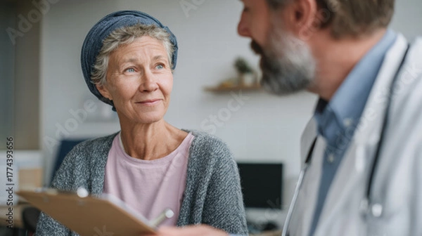 Fototapeta Oncologist discussing chemotherapy treatment with patient, conveying empathy and support during medical consultation
