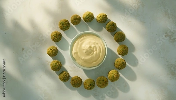 Fototapeta Crispy falafel balls arranged in a circle around a bowl of tahini dip