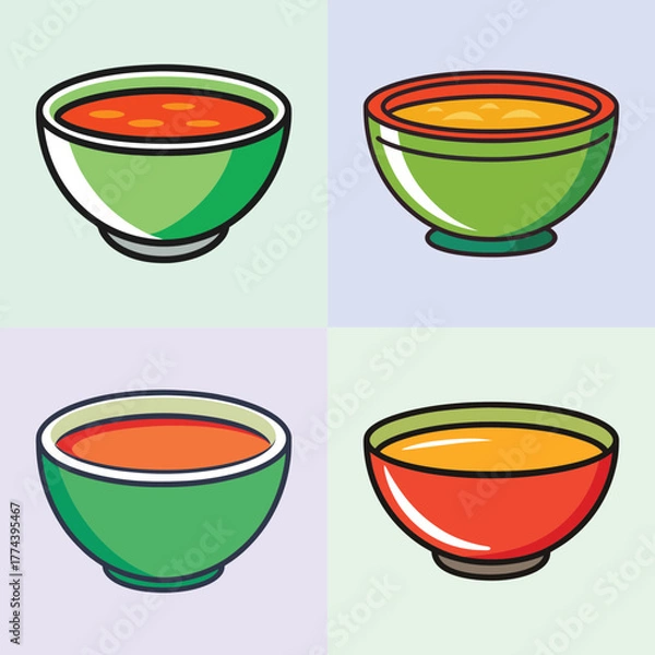 Obraz Four colorful bowls of soup, two red and two yellow, arranged in a grid on a pastel background, representing a variety of delicious and comforting meals