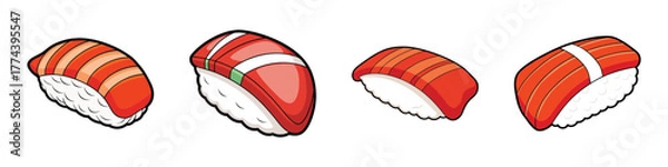 Obraz A collection of four delicious sushi pieces, including salmon and tuna nigiri, presented on a clean, perfect for foodrelated content