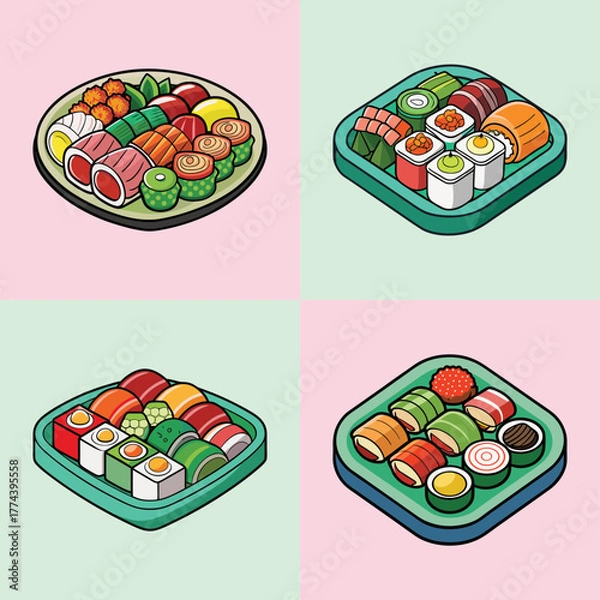 Obraz A vibrant and appetizing collection of various sushi dishes, presented in a visually appealing arrangement, showcasing the diverse and delicious world of japanese cuisine