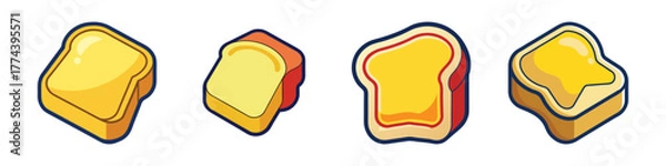 Obraz A collection of four cartoonstyle slices of buttered toast, each presented at a different angle on a clean, showcasing the golden yellow butter and toasted bread crust