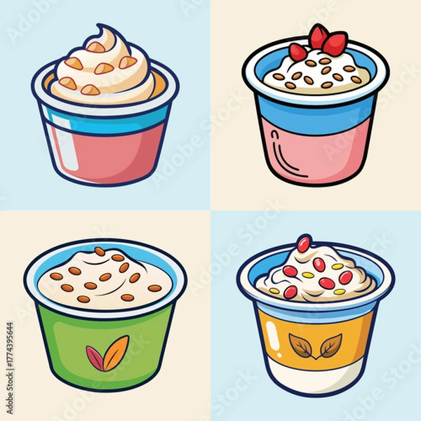 Obraz Four colorful cartoonstyle yogurt cups with different toppings like nuts and berries, presented in a grid on a light blue and beige background