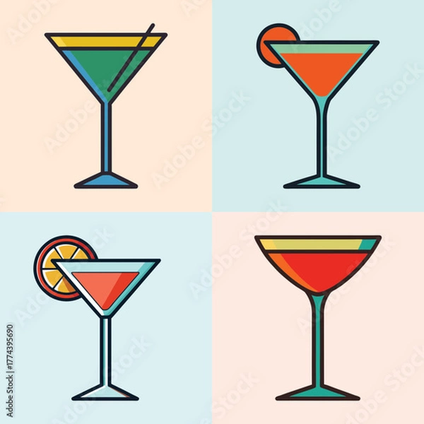 Obraz Four colorful cocktails in martini glasses, arranged in a 2x2 grid on a pastel background, representing a variety of drinks and celebration