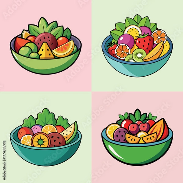 Obraz Four colorful bowls of fresh fruit salad, each containing a variety of fruits like strawberries, blueberries, kiwi, oranges, and watermelon, presented in a grid layout on a pastel background