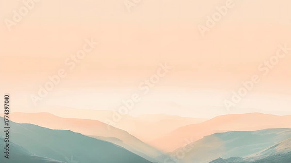 Fototapeta Misty Mountain Ranges in Soft Peach and Teal Hues nature