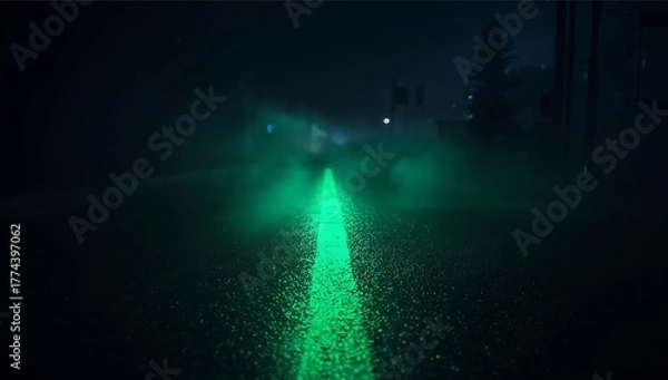 Fototapeta Bright green light beam illuminates dark misty forest path