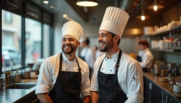 Fototapeta Two smiling male chefs in white uniforms and black aprons laugh heartily in a pro restaurant kitchen. They stand side by side, enjoying camaraderie. Other staff work blurred in background.