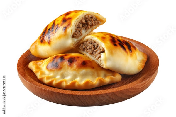 Obraz Sambousek Sambusa baked empanadas filled with ground beef and melted cheese on wooden plate, isolated on white transparent background, concept of savory snack food