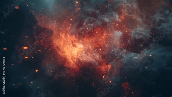Fototapeta Fiery nebula in deep space with glowing stars and cosmic dust