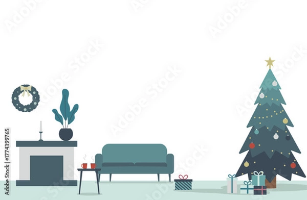 Obraz クリスマスの部屋の背景イラスト｜ツリーと暖炉の北欧風インテリア