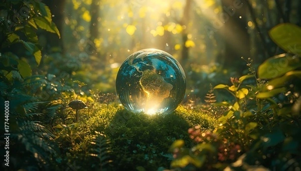 Fototapeta Mystical glowing orb rests in a sunlit enchanted forest clearing