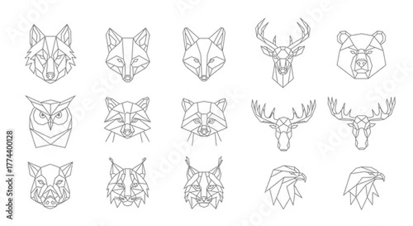 Obraz Collection of geometric animal head designs, including fox, deer, bear, owl, raccoon, lynx, boar, and eagle.