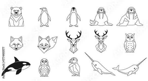 Obraz Collection of stylized line art illustrations of various Arctic animals, presented on white.