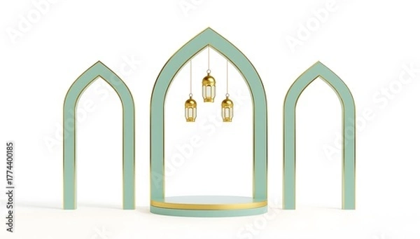 Fototapeta Islamic archway with hanging lanterns and golden podium on white background