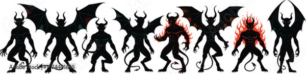 Fototapeta A group of shadowy demonic figures with wings and horns