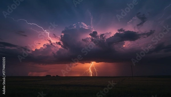 Fototapeta Dramatic lightning strike illuminating stormy sky over dark landscape