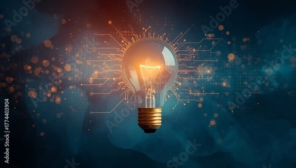 Fototapeta Glowing light bulb with digital network and abstract particles symbolizing innovation and ideas