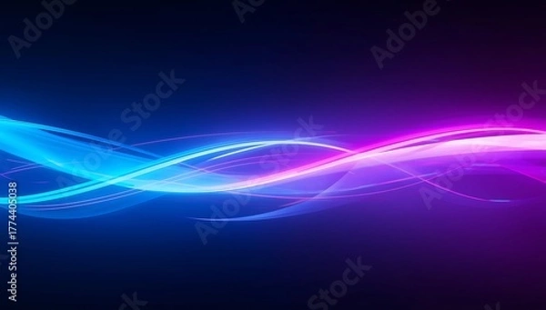 Fototapeta Abstract flowing neon light waves in vibrant blue and purple colors on dark background
