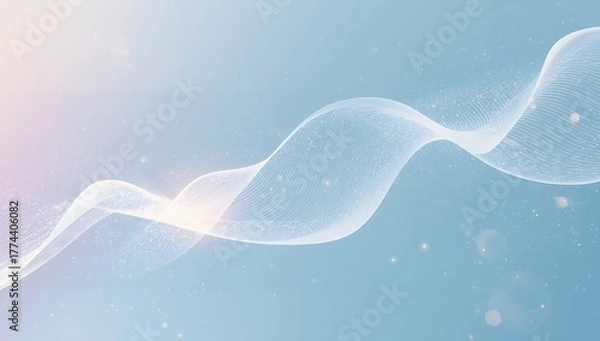 Fototapeta Abstract flowing light wave with water droplets on a soft blue background