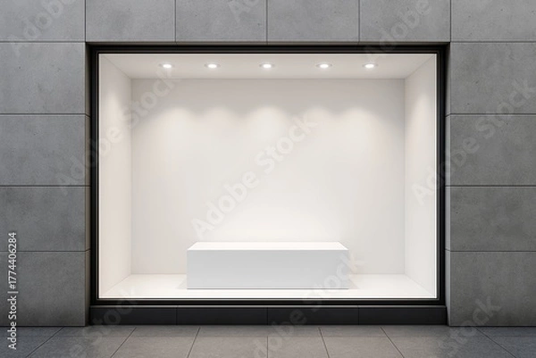 Fototapeta Minimalist empty store window display with lighting in modern exterior wall design, blank showcase concept for product presentation or branding. Ai generative