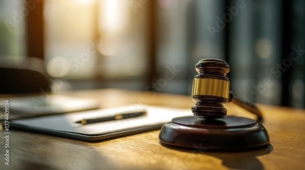 Obraz Concept of justice and law Real estate law in court with a gavel using a tablet on a sunlit table