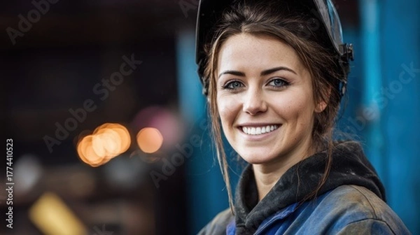 Fototapeta Portrait of a smiling woman welder in an industrial setting with space for text