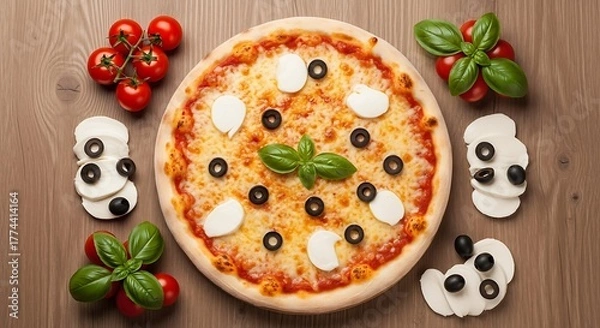 Fototapeta Traditional Margherita Pizza With Fresh Mozzarella, Tomatoes, Basil On Wooden Surface Classic Italian Taste In Restaurant