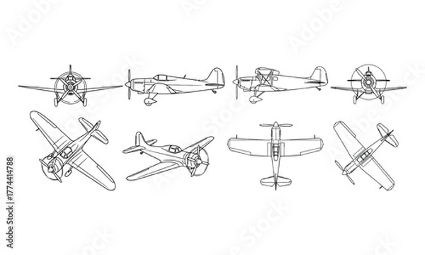 Fototapeta Collection of propeller airplane line art illustrations from various angles