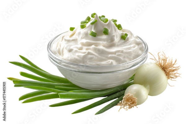 Obraz Creamy dip with fresh green onions and onion bulbs isolated on transparent background